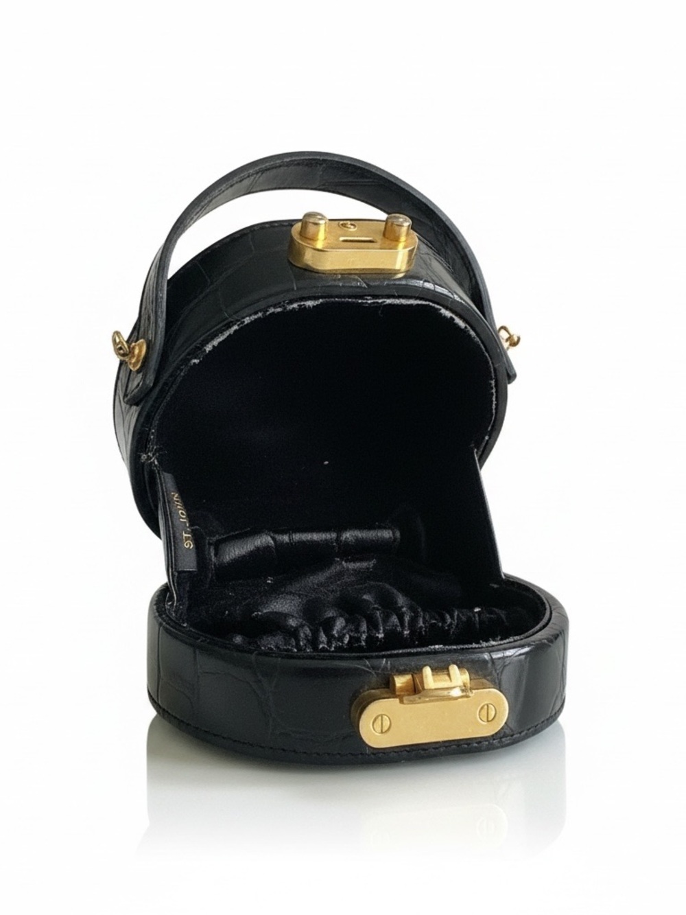 St. John Black Croc-Embossed Round Top-Handle Mini Bag with Gold Chain - Picture 5 of 8